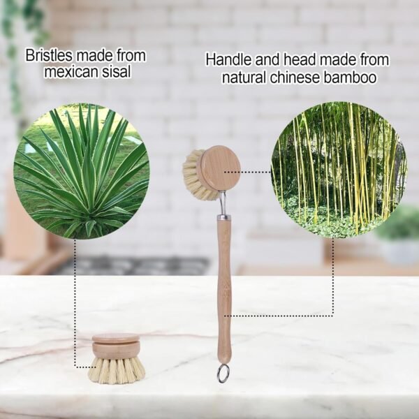 Bamboo Dish Brush with Handle - 4 Replacement Heads | Eco Soft Sisal Dish Scrub Brush | Vegetable Brush | Dish Scrubber Brush | Bamboo Wok Brush for Cleaning Kitchen Utensils - Image 3