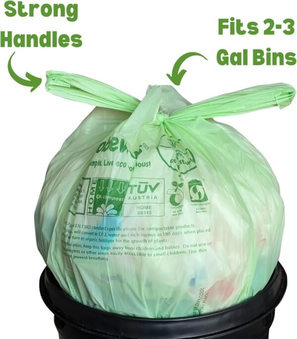 2.6 Gallon 100% Compostable Bags Handle Tie (110 Bags) Small Disposable Compost Trash Bags Food Scrap Garbage Bags US BPI Certified TUV OK Compost Home Certified Meeting ASTM D6400 (110 ct.) - Image 3