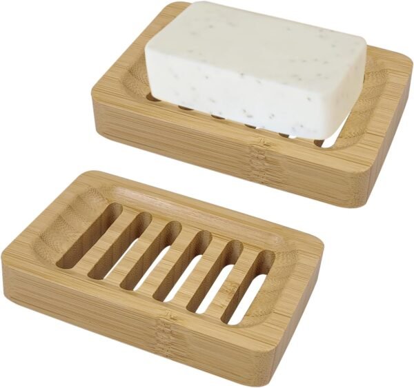 2 Pack Bamboo Soap Dish Self-Draining Holders Slotted Soap Dish Non-Slip Soap Saver for Bar Soap in Shower Bathroom Bathtub and Kitchen