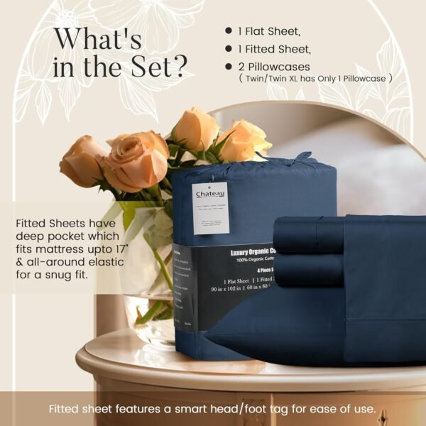 Organic Cotton Sheets Queen Size Set, 100% Organic Cotton Queen Sized Sheets, 300 TC Sateen Weave Bedsheets Queen Size Bed, 16" Deep Pocket, Soft Breathable Sheet & Pillowcase Sets - Navy - Image 5