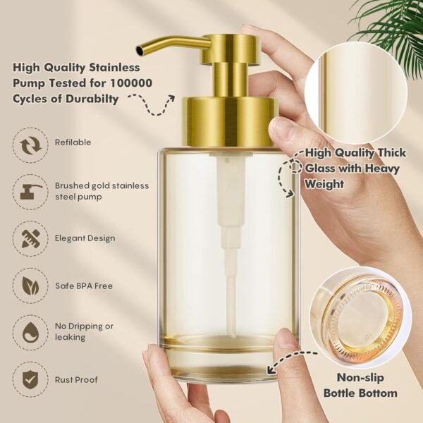Glass Soap Dispenser with Stainless Steel Pump 2 Pack,12oz Thick Glass Gold Hand Liquid Soap Dispenser Bathroom,Dish Amber Soap Dispenser,Clear Soap Dispenser for Bathroom,Kitchen - Image 4
