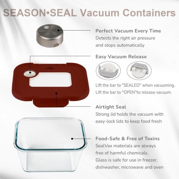 SealVax® SEASON•SEAL Patented Vacuum-Sealed Glass Food Storage & Cycle Marinating Set with Auto-Stop Vacuum sealer, includes 75 fl oz and two 46 fl oz containers (Reddish-Brown) - Image 3