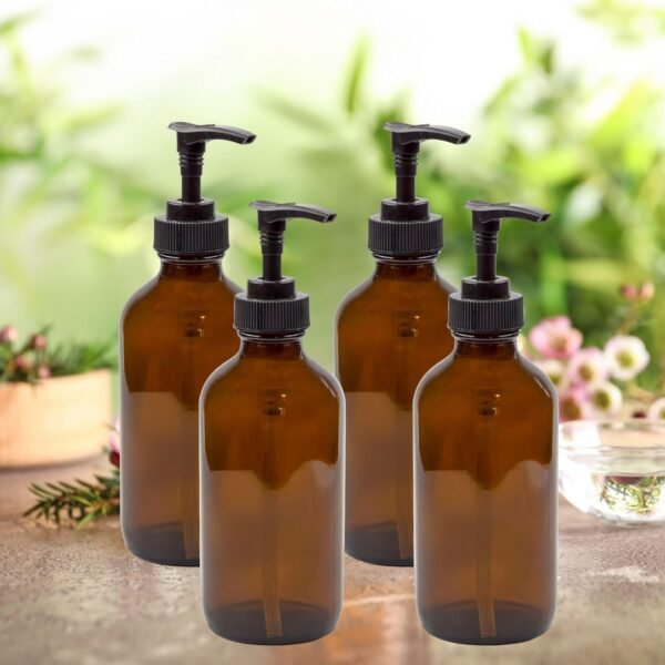 Cornucopia 8oz Glass Pump Bottles (4-Pack, Amber Brown), Lotion Soap Dispensers w/Black Plastic Pumps - Image 3