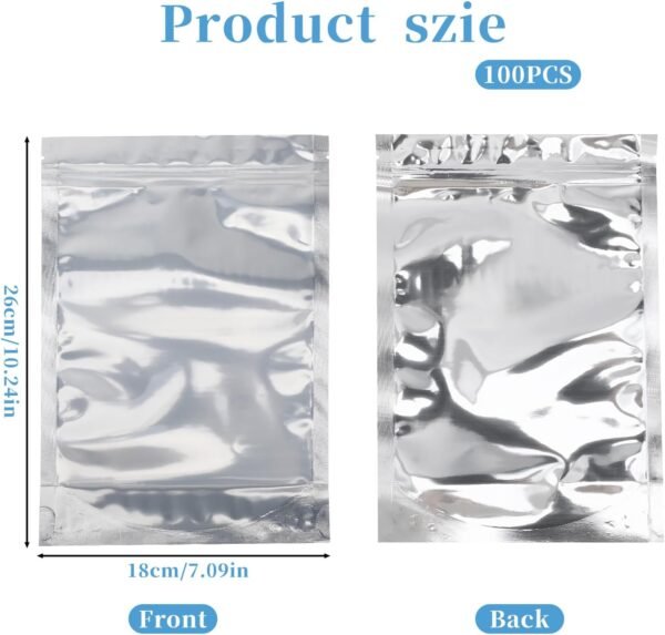 100 Pack 7 x 10 Inch Stand Up Pouch Bags with Resealable Lock Seal Zipper Clear Front Aluminium Foil Back Mylar Bags Reusable Food Storage Bags for Multipurpose - Image 2