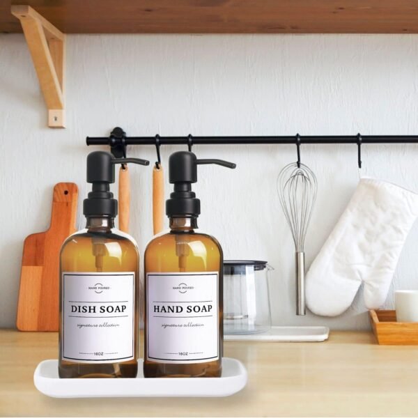 Amber Glass Soap Dispenser with Pump and Tray - Hand Dish Soap Dispenser Bottles for Hand Soap, Dish Soap, Lotion - Vintage Soap Dispenser Bathroom and Kitchen Sink Set (Amber Bottles; Black Pumps) - Image 7