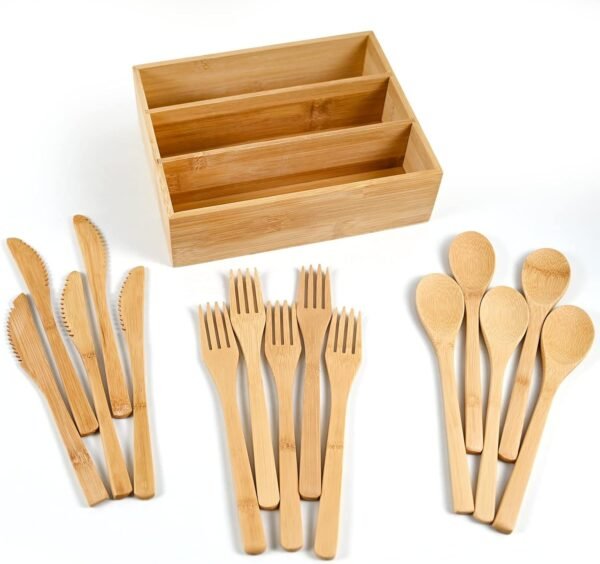 Bamboo Cutlery Reusable with Silverware Organizer, 16Pcs Bamboo Flatware Set with Bamboo Forks Spoons Knives, Reusable Bamboo Cutlery with Portable Storage Case for Home and Travel Camping Hiking - Image 8