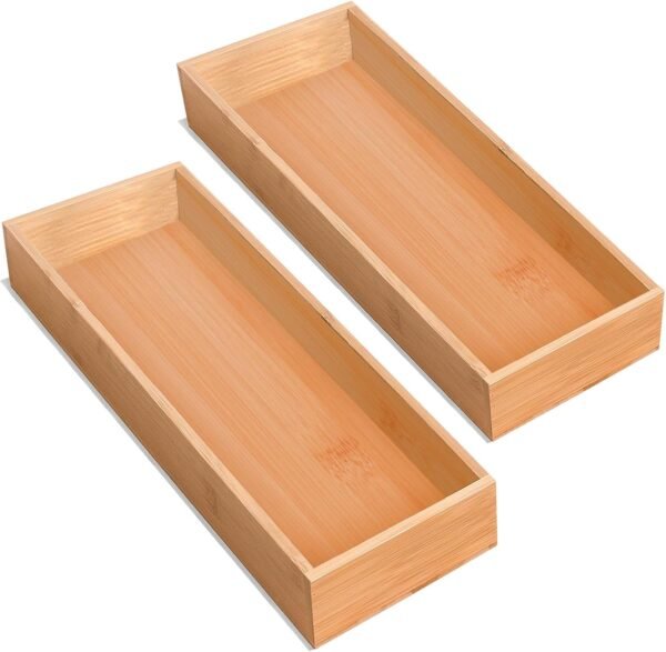 Set of 2 Bamboo Drawer Organizer, Stackable Utensil Organizer for Kitchen, Bamboo Storage Box Wood Silverware Tray for Drawer