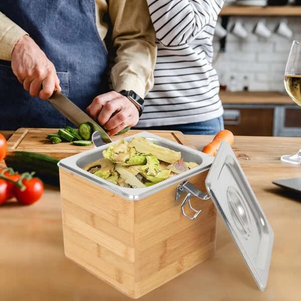AQQHSAIN Compost Bin Kitchen with Lid Countertop Compost Bin Indoor Large Compost Bin Kitchen Odorless Smell Proof Composter Indoor with Stainless Steel Insert (Brown, 3L) - Image 5