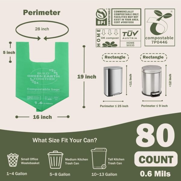 Compost Handle Bags 1.6 Gallon 6Liter Extra Thick 0.6 Mils Compostable Food Scrap Waste Bags with US BPI ASTM D6400 and Europe OK Compost Home Certified Pink 80 Couts - Image 2