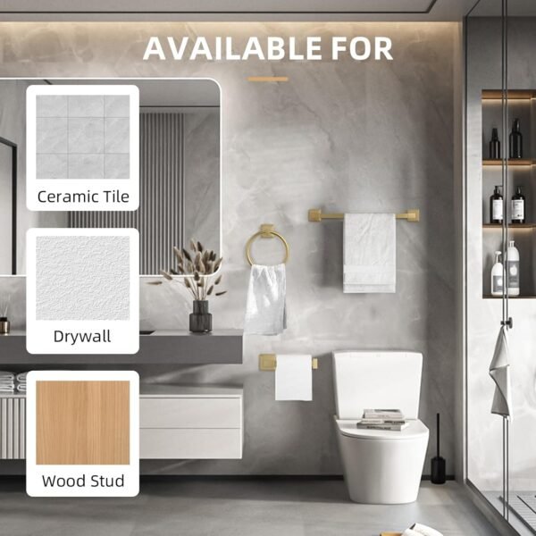 4 Piece Bathroom Hardware Set, 18 Inch Brushed Gold Towel Bar Set, Bathroom Towel Holder Set Includes Square Towel Bar, Towel Ring, Robe Hook, Toilet Paper Holder - Image 9