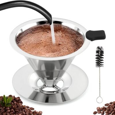 Pour Over Coffee Dripper, Paperless Reusable Coffee Filter, Stainless Steel Double Mesh Design of Manual Reusable Cone Filter, with Base and Cleaning Brush (2-3 Cup)