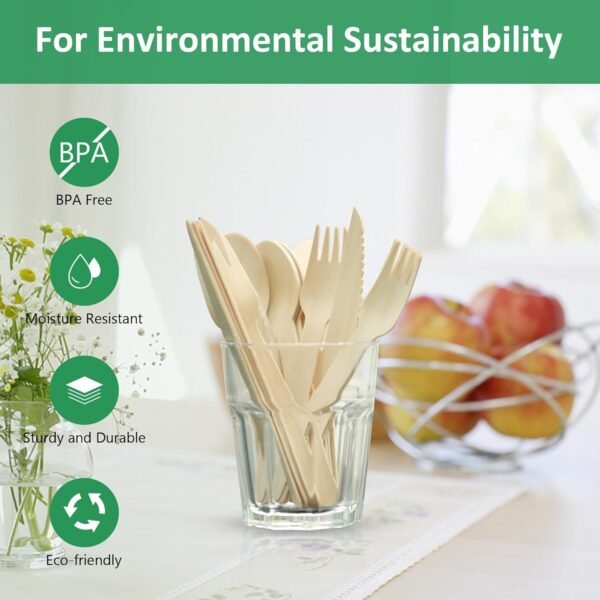Wooden Cutlery Set - 300 Pieces (100 Wooden Spoons, 100 Forks, 100 Knives) - 100% Compostable Utensils Disposable Wooden Cutlery Spoons and Forks Set Eco Friendly Wooden Kitchen Utensil Set - Image 2