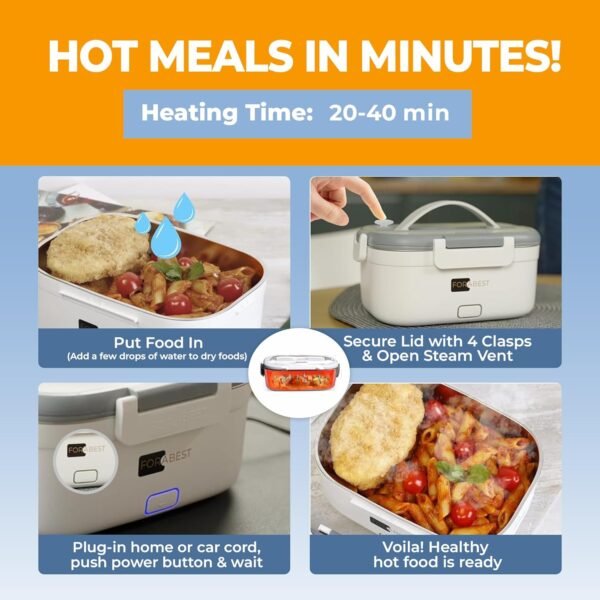 FORABEST Upgraded Electric Lunch Box for Adults, Durable Leakproof Design with Power Button & Large Utensils, 80W Fast Heated Lunch Box, 12/24/110/220V Portable Food Warmer with Premium Carry Bag - Image 4