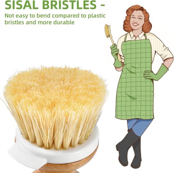 SUBEKYU Dish Brush, Bamboo Dish Scrubber Brush Set with Tray, Natural Kitchen Dishwashing Scrub Brush for Cleaning Dishes/Pans/Pots, Built-in Scraper, Natural Sisal + Palm Bristles, Set of 2 - Image 3