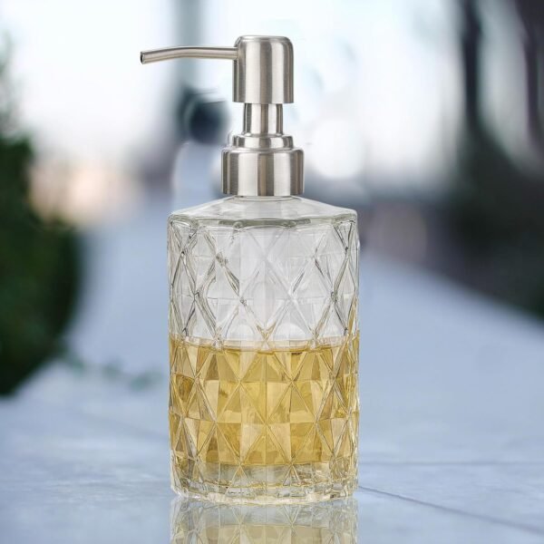Easy Tang Glass Hand Dish Soap Dispenser for Bathroom Kitchen 12 Oz Crystal Design with Silver Pump Refillable Liquid Soap Dispenser (Clear) - Image 5