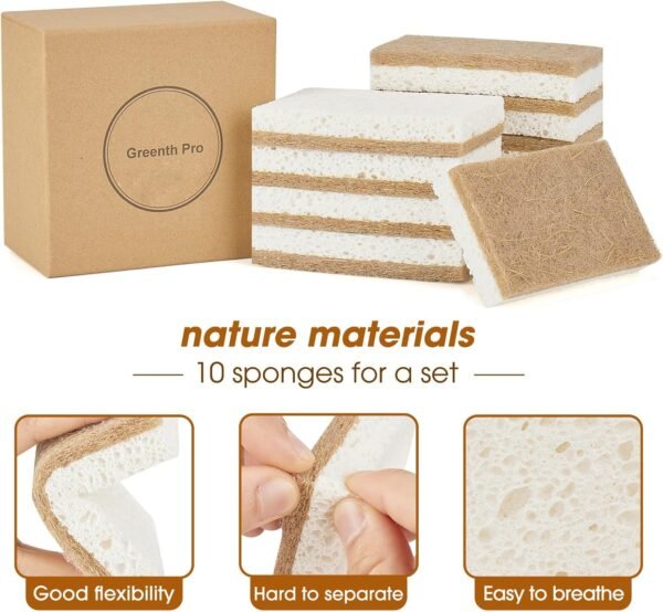 10 Pack Nature Dish Sponge - Natural Kitchen Sponge - Coconut Fiber and Wood Cellulose Scrubber Sponge - Image 3