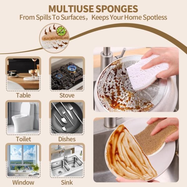 Natural Dish Sponges Kitchen - 12 Count Coconut Scrubber Sponge, Biodegradable Compostable Cellulose, Eco Friendly Sponges for Dishes, Ideal Stocking Stuffers, Non Scratch - Image 7