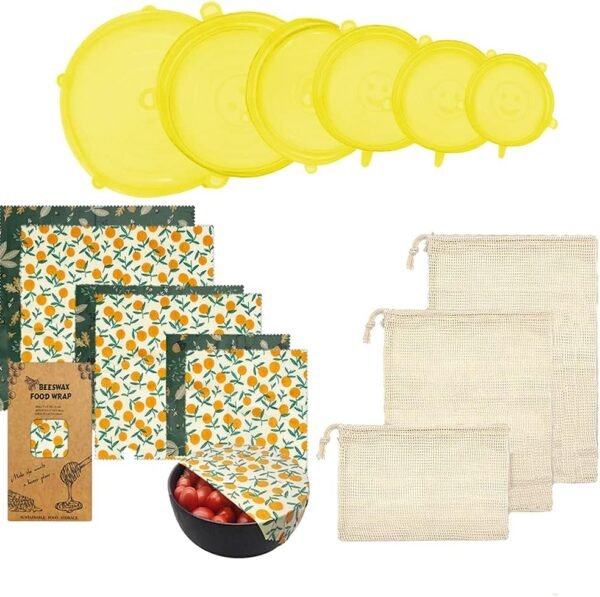Reusable Beeswax Food Wrap- Silicone Stretch Lids - Reusable Produce Bags, Eco Friendly Food Storage, Dishwasher & Freezer Safe, Reusable Grocery Bag for Storage, 15 Pack (6 Wrap 3 Bags 6 Lids)