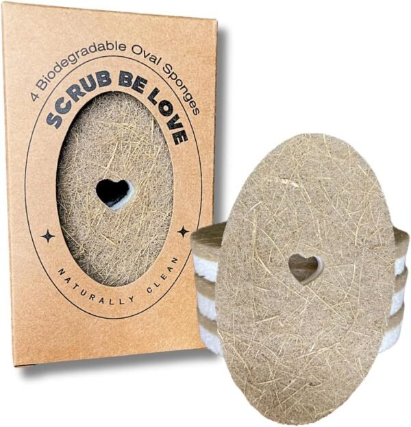 Plant-Based Natural Oval Kitchen Sponge, Biodegradable and Compostable Coconut Coir and Cellulose Dual Action Cleaning, Fast Drying, Odor Resistant, Heart-Cut Out & eco-Friendly- Pack of 4