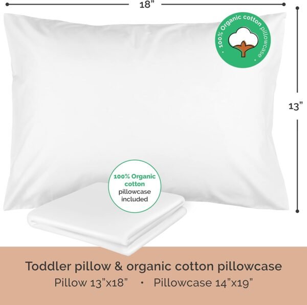 Toddler Pillow with Pillowcase - 13x18 Soft Organic Cotton Toddler Pillow for Sleeping - Washable Nap Pillow - Travel Pillow for Kids - Toddler Sleeping Pillow Toddler Bedding (White) - Image 2