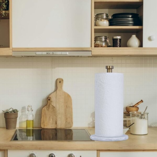 Paper Towel Holder with Marble Base - 13" x 7" Upright Paper Roll Dispenser with Heavy Non-Slip Base for Easy One-Handed Tear - for Countertops, Cabinets, and Bathrooms (White Marble Base, Gold) - Image 6