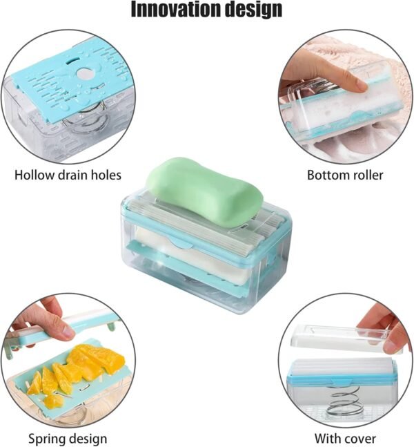Multifunctional Soap Box,Foam Dispenser with Roller/Drain Holes,Spring Foaming Soap Bar Holder/Container/Dish/Case/Container,Family Countertop Handwashing Gadget for Bathroom/Kitchen/Shower/Bath(2pcs) - Image 3
