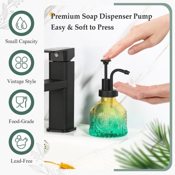 Green Soap Dispenser, Small Hand Soap Dispenser Bathroom, Vintage Glass Soap Dispenser with Pump, 7 oz Mini Dish Soap Dispenser for Kitchen, Liquid Bathroom Countertop Soap and Lotion Bottles - Image 3