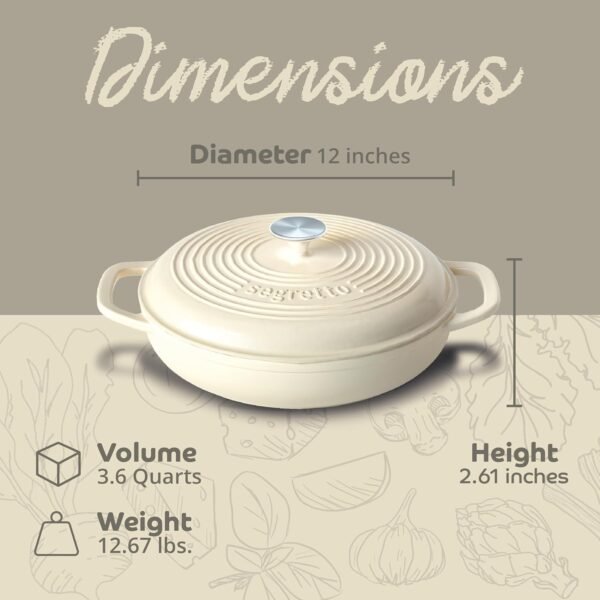 3.6 QT Braiser Enameled Cast Iron Casserole Pan With Cover, Bianco Perla (Off-White) Cast Iron Braiser Pan With Lid, Lasagna Pan Enamel Cast Iron Skillet with Lid Cookware - Image 2