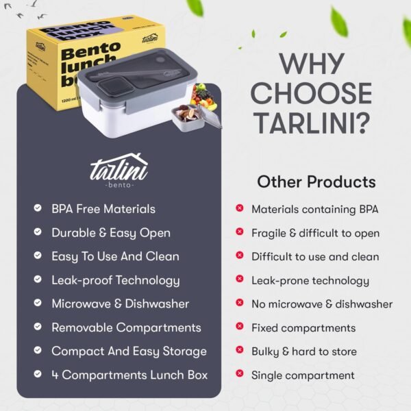 TARLINI | Bento Box for Adults with Utensils, Bento Box Adult Lunch Box, Stackable Lunch Container with Compartments, Japanese Bento Boxes, Lunch Containers for Men and Women - 40 Fl Oz, White - Image 6