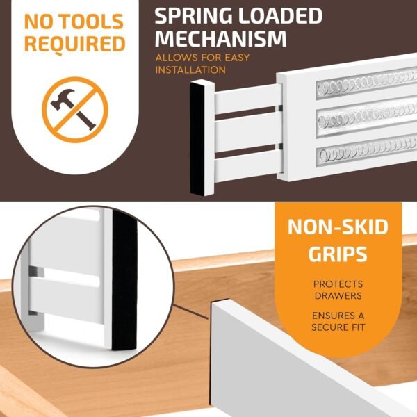 6 Pack Drawer Dividers 6 Inch High, 11”-17" Adjustable Bamboo Organizers Large Expandable Drawer Separators for Cloths, Dresser, Bedroom, Bathroom, Baby Drawer, Office & Kitchen Utensils (White) - Image 5