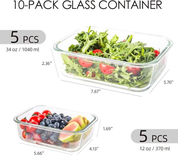 10 Pack Glass Food Storage Containers, Glass Meal Prep Containers with Lids Leak Proof, Clear Glass Bento Boxes for Adults, Microwave & Freezer Safe (34oz & 12oz) - Image 3