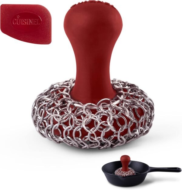Cuisinel Cast Iron Chainmail Scrubber + Pan Scraper - The Patented Original Ergonomic Stainless & Silicone Pot & Skillet Cleaner - Premium Food-Safe Design - Easy Clean Dishwasher Safe Cookware Sponge