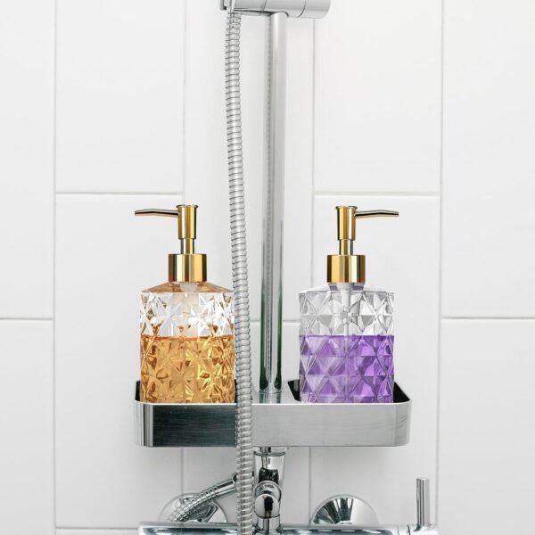 Clear Glass Soap Dispenser with Gold Pump, 2 Pack 12oz Diamond Hand Soap Dispenser, Refillable Lotion Dispenser & Dish Soap Dispenser, Bathroom Soap Dispenser for Liquid, Shower Gel - Image 5