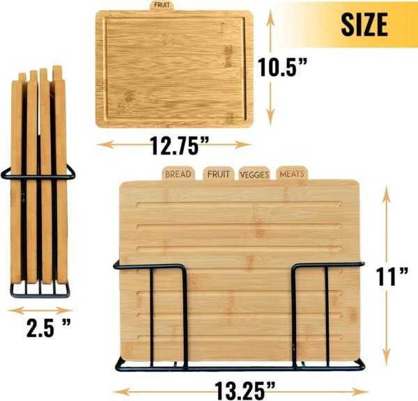 Bamboo Cutting Boards for Kitchen with Holder 13" x 11" x 2.5" | Labeled Wood Cutting Board Sets | Large Wooden Cutting Board Set of 4 with Black Organized Stand | Non Toxic Chopping Board - Image 6