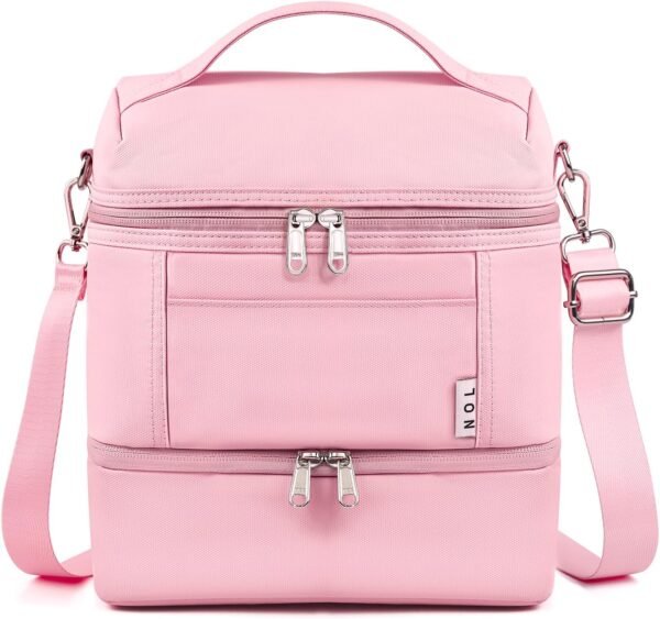 NOL Natural Organic Lifestyle Dual Compartment Insulated Lunch Bag Leakproof Cooler Tote Bag for Adults Lightweight Nylon Waterproof Lunch Box with Adjustable Shoulder Strap for Work, Pink