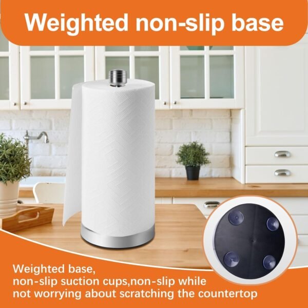 Stainless Steel Paper Towel Holder Designed for Easy One-Handed Operation - This Sturdy Weighted Paper Towel Dispenser Countertop Model Has Suction Cups and Holds All Paper Towel Rolls - Image 5