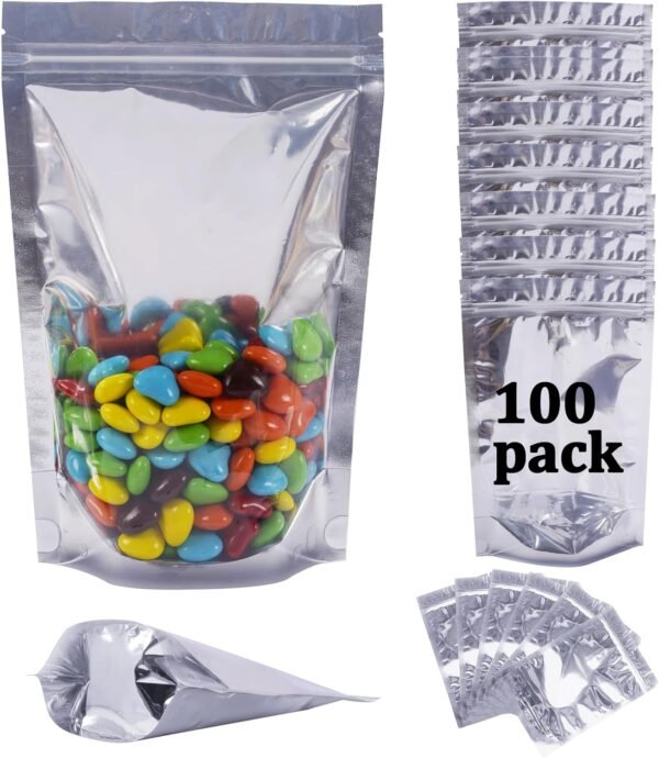 100 Pack Mylar Bags for Food Storage Resealable Aluminum Foil Clear Stand Up Pouch with Front Window 6.29×9.44 Inch Reusable Zipper Lock Food Packaging Heat Seal Bags for Small Business and Home