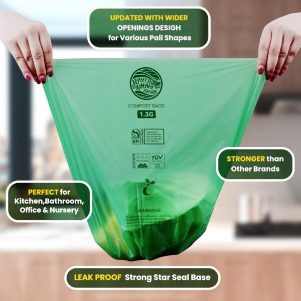 Compost Bags 1.3 Gallon,100 Count,Small Compostable Bags for Kitchen Countertop Compost Bin 0.75, 1.2, 1.3, 1.75 Gallon,ASTM D6400, US BPI and Europe OK Compost Home Certified - Image 2