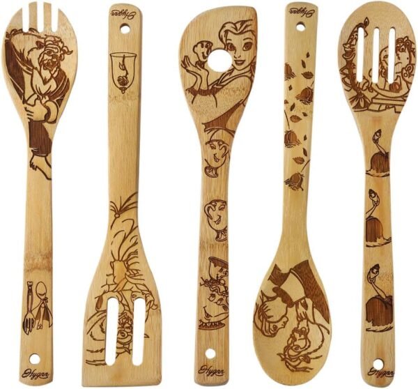Beauty and the Beast Burned Wooden Spoons Cooking &Serving Utensils Set Bamboo Spoon Slotted Kitchen Utensil Fun Gift Idea Warming Present (Set of 5)
