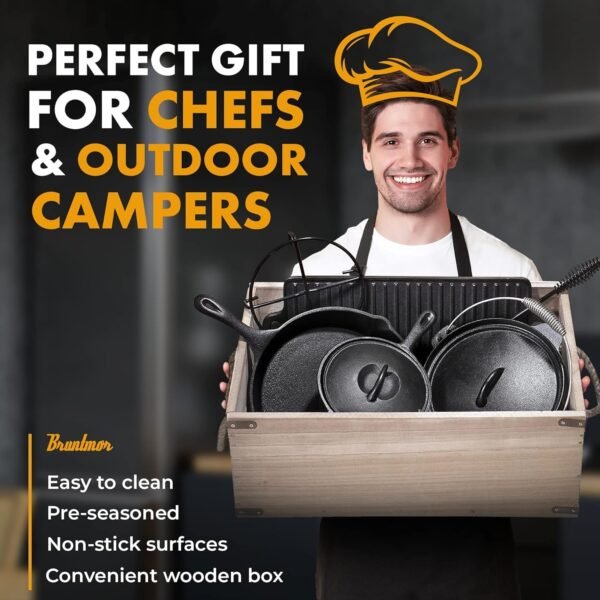 Bruntmor Camping Cooking Set Of 7. Pre Seasoned Cast Iron Pots And Pans Dutch Oven With Lids For Outdoor Comefire. Grill Cookware Skillet Sets With Storage Box - Image 6