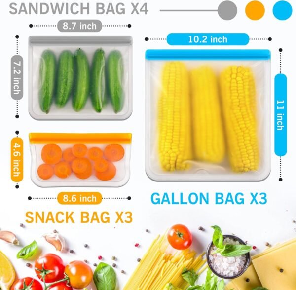 ANZNKU 10 Pack Reusable Food Storage Bags, BPA Free PEVA Reusable Freezer Bags, Dishwasher Safe Silicone Bags, Leak-proof Reusable Lunch Bags for Kitchen(3 Gallon Bags+4 Sandwich Bags+3 Snack Bags) - Image 2