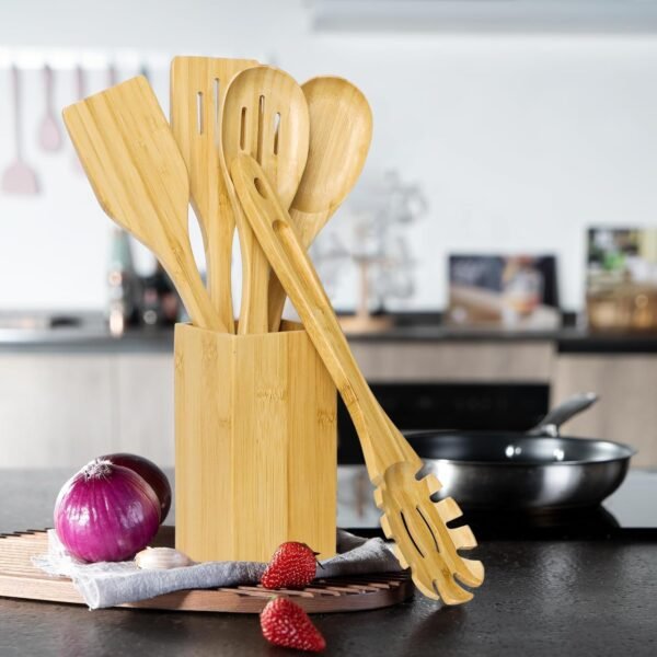 Kitchen Utensils Set - 6 Piece -wooden Spoons -Cooking Spoon Set -Wooden utensils set .Cutlery Set Made of Natural Bamboo -Cooking Utensils Wooden Spatula Comfortable Handle Wooden Kitchen Utensils - Image 3