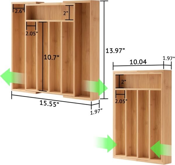 2-Piece Bamboo Silverware Organizer, Expandable Kitchen Drawer Organizer for Cutlery and Utensils, Multifunction Adjustable Bamboo Wood Cutlery Tray in Drawer for Flatware, (Natural) - Image 3