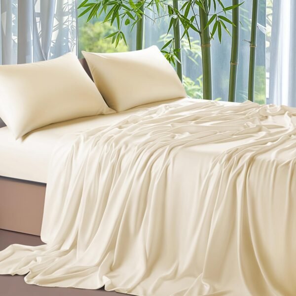 Shilucheng 100% Viscose Derived from Bamboo_ Sheets King Size 4pcs - Ultra Cooling & Silky Soft Bed Sheets, 16" Deep Pocket, Perfect for Hot Sleepers, Hotel Bedding Sheets (Beige)