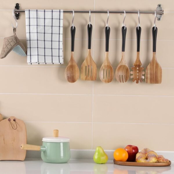 Wooden Spoons For Cooking, 6 PCS Natural Acacia Wooden Cooking Utensils or Non-Stick Wooden Kitchen Utensil Set for Kitchen Essentials, Smooth Grip Wooden Cooking Spoons with Hanging Hole, Black - Image 5
