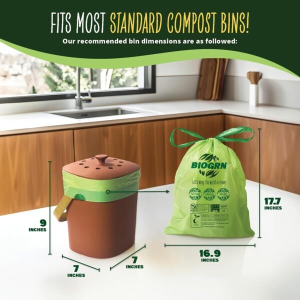 3 Gallon Compostable Trash Bags Drawstring, Heavy Duty Extra Thick 1 Mil, 11.36 Liter, 50 Bags, Small Kitchen Food Scrap Waste Bag, ASTM D6400, US BPI and OK Compost Home Certified - Image 2