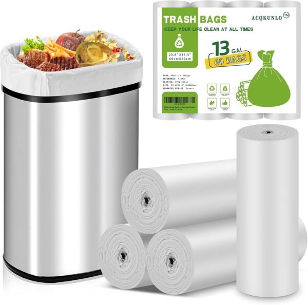 13 Gallon Garbage-Bags Tall Kitchen Compostable-Trash-Bag - White Biodegradable Unscented 60 Count Large Recycling Compactor Big Outdoor Liners Waste Basket Acqkunlo