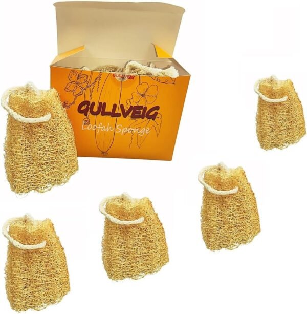 Gullveig Natural Loofah Sponge for Body Exfoliating and Dishes Cleaning, Men Women Bathing Accessories, 5 Pack