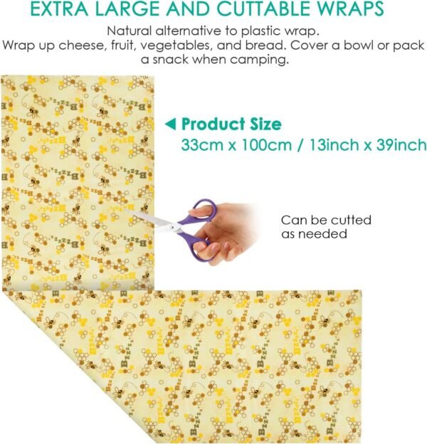 ERKOON Beeswax Food Wraps 1 Meter Roll 13 x 39 Inch Reusable Beeswax Wraps Eco-Friendly Sustainable Food Storage Wraps for Sandwich, Cheese, Fruit, Bread, Snacks (Bee Pattern) - Image 2