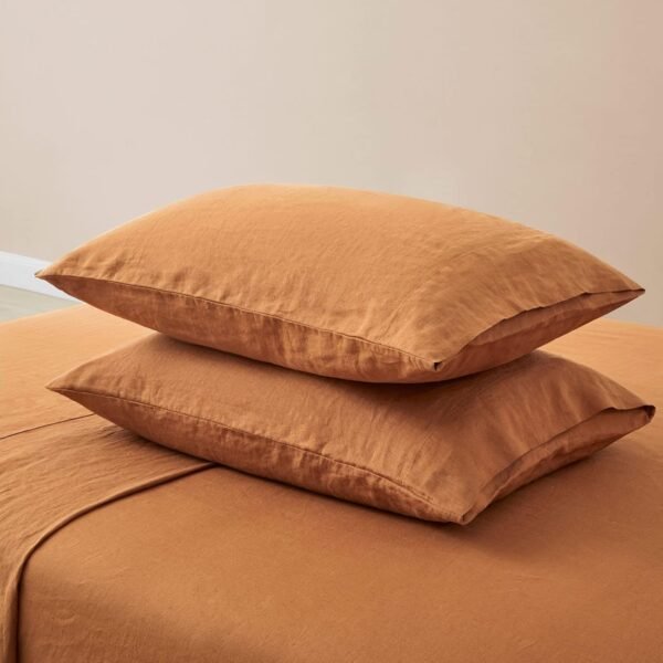 ATLINIA Bedding Linen Sheets Set Bed - 100% French Linen Sheets King Size Organic Flax Bedding Farmhouse Boho Style - Deep Pocket Fitted Sheet & Flat Sheet & 2 Pillowcases (Rust, King) - Image 5